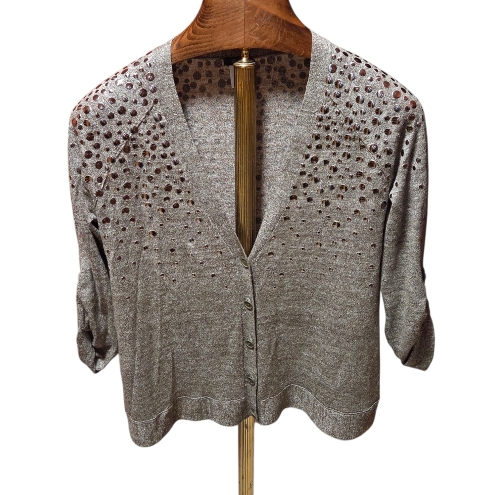 J. CREW Merino Wool Linen Studded Cardigan Sweater Women's Brown Gray Sz Medium